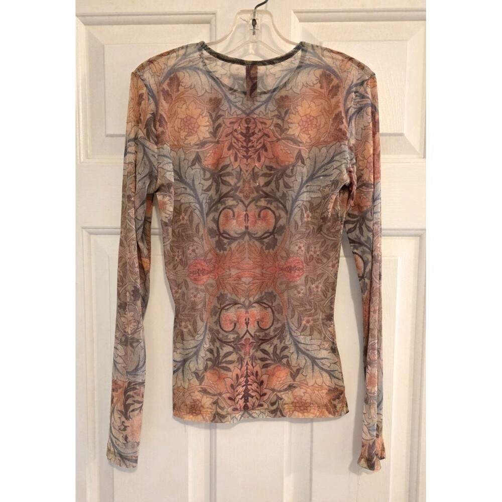 "Just In Time" Mesh Top M Sheer Floral Rhinestone Y2K Made in USA Fairycore VTG
